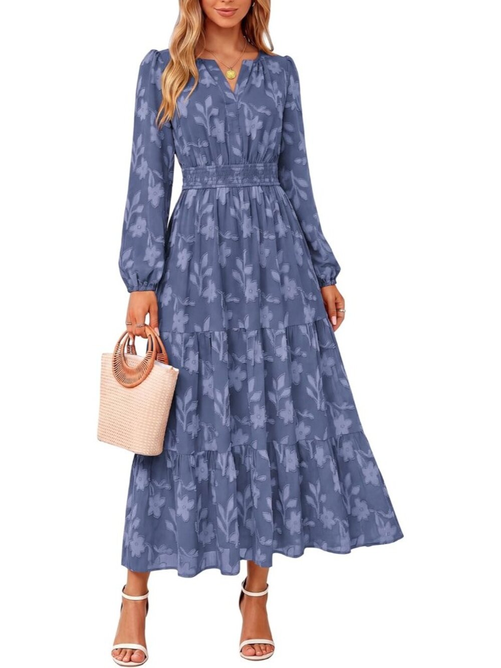 Women's Blue Grey Long Sleeve With Pockets V Neck Wedding Guest Maxi Dresses
